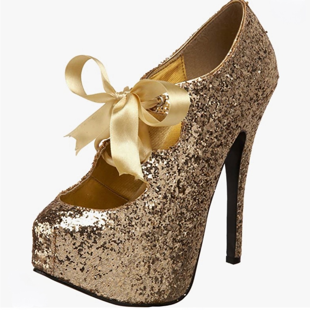 Bordello, size 7.5-runs small, Gold glitter, ribbon tie provided, 5 3/4” heel